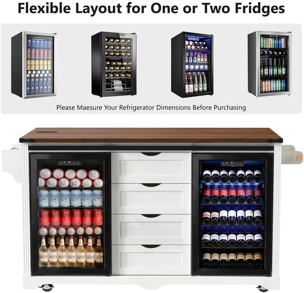 Merax 72" L White Rolling Kitchen Island with Fridge Storage Space | Coffee Bar Cabinet Kitchen Table on Wheels with Drop Leaf, 4 Drawers, Sliding Barn Door and Glass Holder