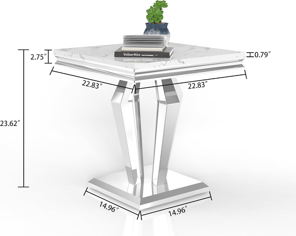 Faux Marble End Table, 23" Square White End Table with Faux Faux Marble Tabletop, Modern Sofa Side Table with Silver Stainless Steel Base & Mirrored Finish for Office Living Room