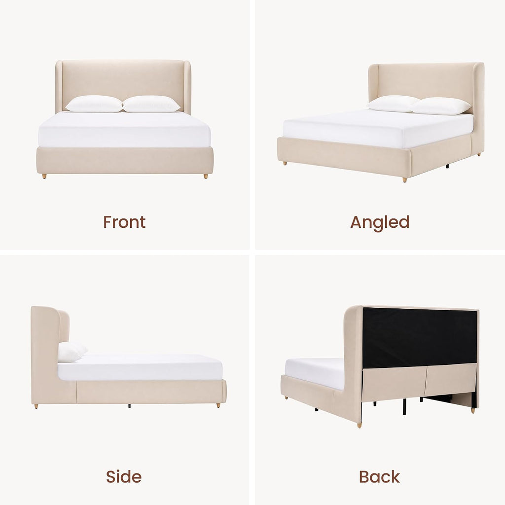ModernMate Queen Upholstered Bed Frame, 47" Tall Wingback Headboard, Beige
