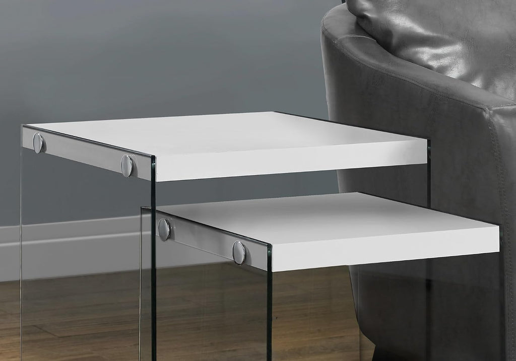 Set of 2 Nesting Tables, Glossy White Laminate with Clear Tempered | Two-piece nesting tables with thick tempered glass base and glossy white tops