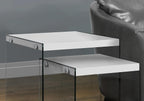 Set of 2 Nesting Tables, Glossy White Laminate with Clear Tempered | Two-piece nesting tables with thick tempered glass base and glossy white tops
