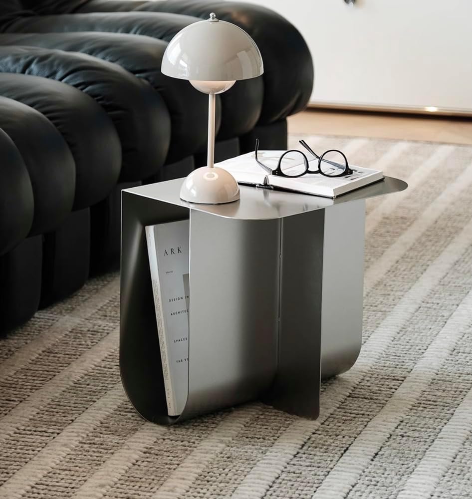 Modern Stainless Steel Side Table, Minimalist Storage Coffee Table,Accent Table，Curved Design, for Living Room, Office (Silver)