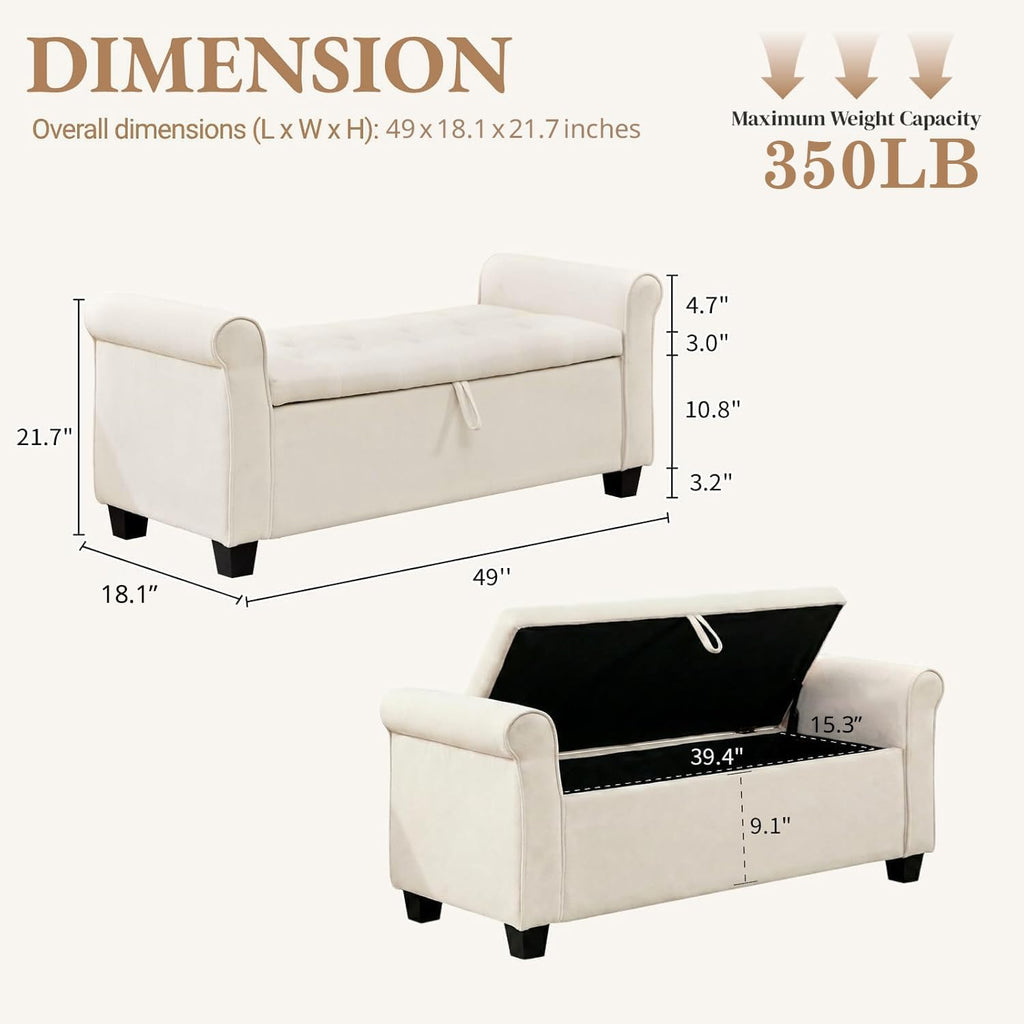 49" End of Bed Storage Bench for Bedroom, Upholstered Storage Ottoman | Easy Assembly with Instructions, Pet Friendly, Polyester Fabric Ottoman Bench for Bedroom, Living Room, Window, Entryway
