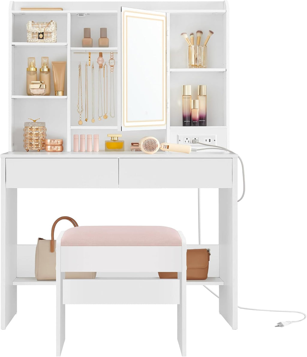 VASAGLE 35.4-Inch Vanity Desk with Mirror and Lights, 2 Drawers | Modern Vanity Table Set with Stool, Power Outlets, Jewelry Storage, 6 Compartments, Cloud White, KAILYN Collection URDT031W01