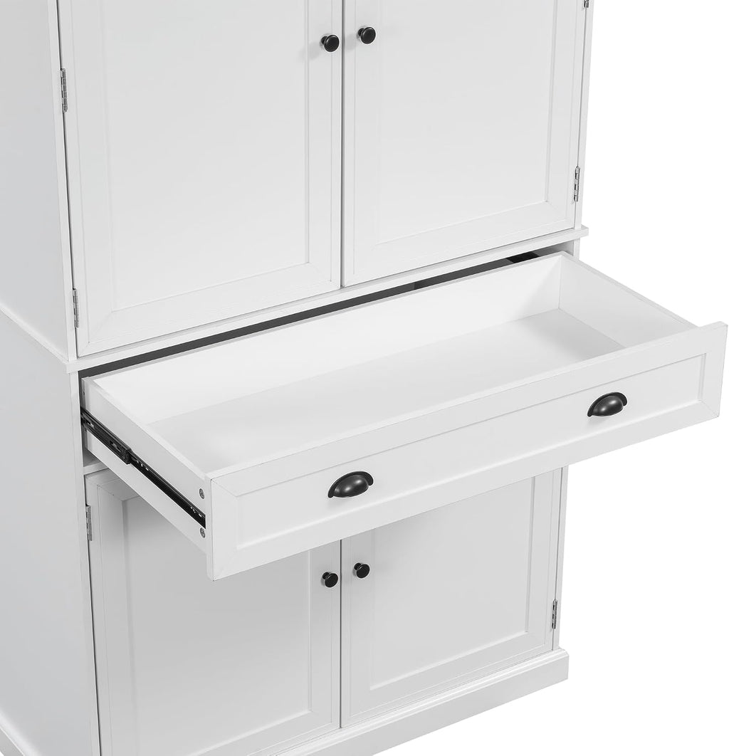 Polibi Freestanding Pantry Cabinet with 4 Doors & 1 Drawer, 3 Adjustable Shelves & Pull-Out Trays, Shaker Style Kitchen Storage for Dining Room, Living Room, Entryway (White)