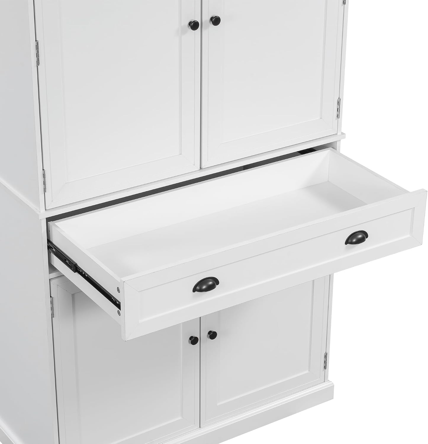 Polibi Freestanding Pantry Cabinet with 4 Doors & 1 Drawer, 3 Adjustable Shelves & Pull-Out Trays, Shaker Style Kitchen Storage for Dining Room, Living Room, Entryway (White)