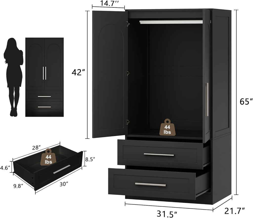 Einhomn Wooden Armoire Wardrobe Closet with 2 Doors and 2 Drawers,Freestanding Armoire Storage Cabinet with Shelves,Tall Clothing Storage Cabinet Suitable for Bedroom,Black