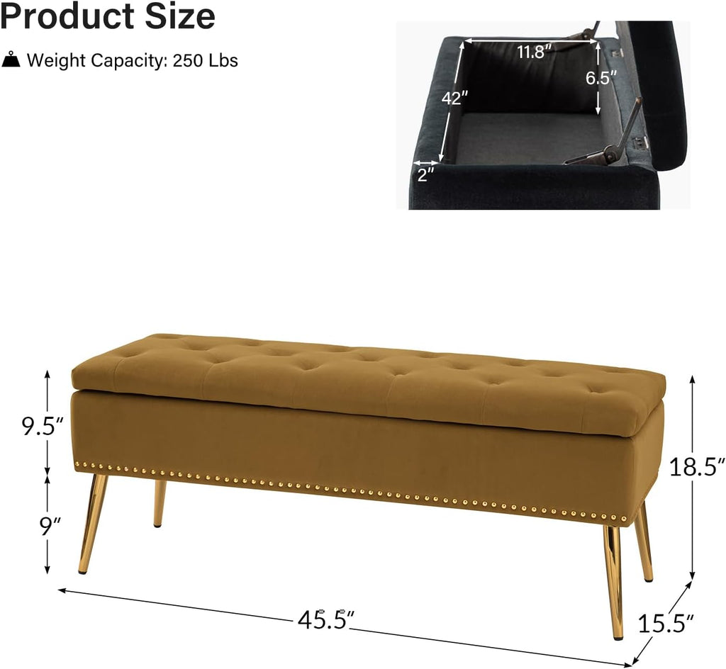 HULALA HOME Modern Velvet Storage Ottoman Bench with Gold Base & Nailhead Trim, Upholstered Bedroom Bench for End of Bed, Button-Tufted Footstool for Entryway Living Room Dining Room, Golden