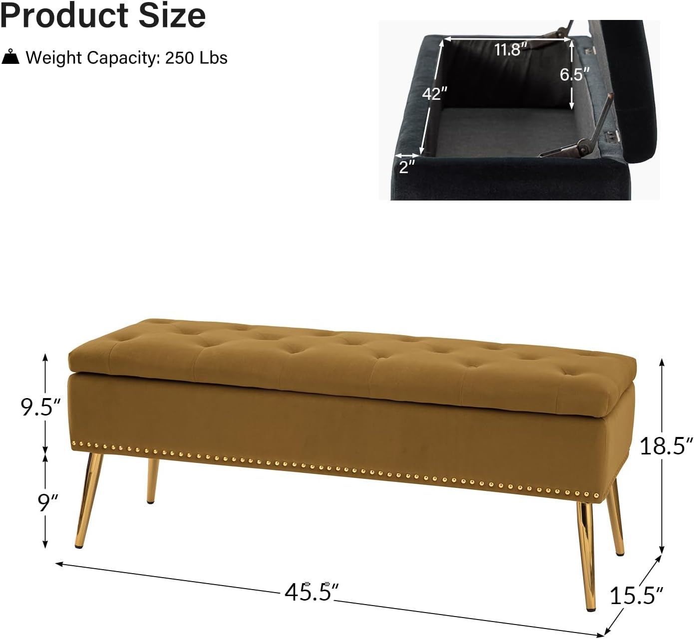 HULALA HOME Modern Velvet Storage Ottoman Bench with Gold Base & Nailhead Trim, Upholstered Bedroom Bench for End of Bed, Button-Tufted Footstool for Entryway Living Room Dining Room, Golden