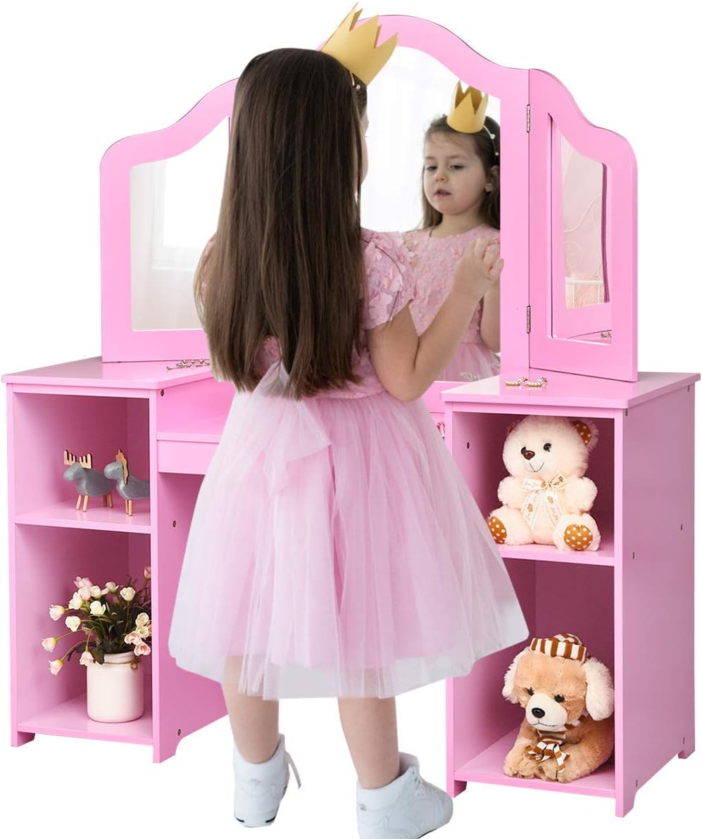 Costzon Kids Vanity, 2 in 1 Princess Makeup Desk Dressing Table with Detachable Top, Toddler Vanity with Tri-fold Mirror & Storage Shelves, Vanity Set for Little Girls, Pink