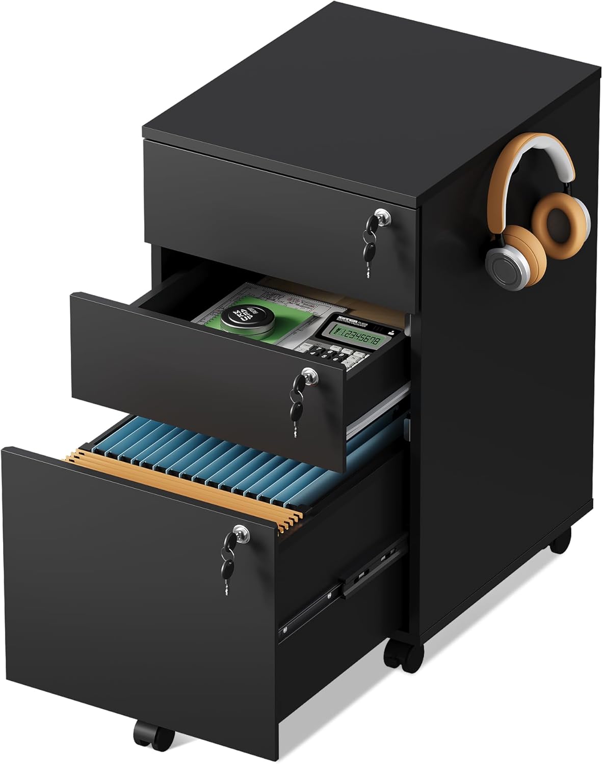 DEVAISE 3 Drawer File Cabinet with Individual Locks, Wood Filing Cabinet for Home Office, Mobile Printer Stand with Wheels, Under Desk Storage for Letter/A4/Legal Size, Black