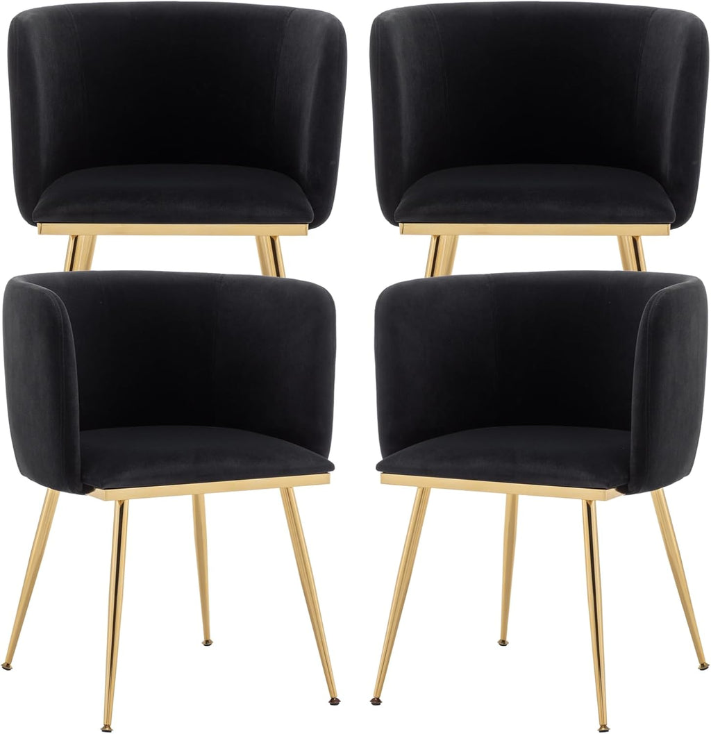 Canxkun Velvet Dining Chairs Set of 4, Barrel Dining Chairs with Gold Metal Legs, Modern Upholstered Dining Room Chair for Dining Room, Kitchen, Vanity (Black)