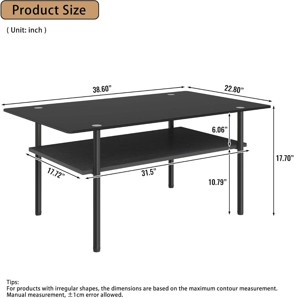 3 Piece Glass Coffee Table Set with 2-Tier Storage, Tempered Glass Living Room Table with Black Metal Legs and MDF Shelf, Modern End Tables for Small Space Apartment (1, Black)