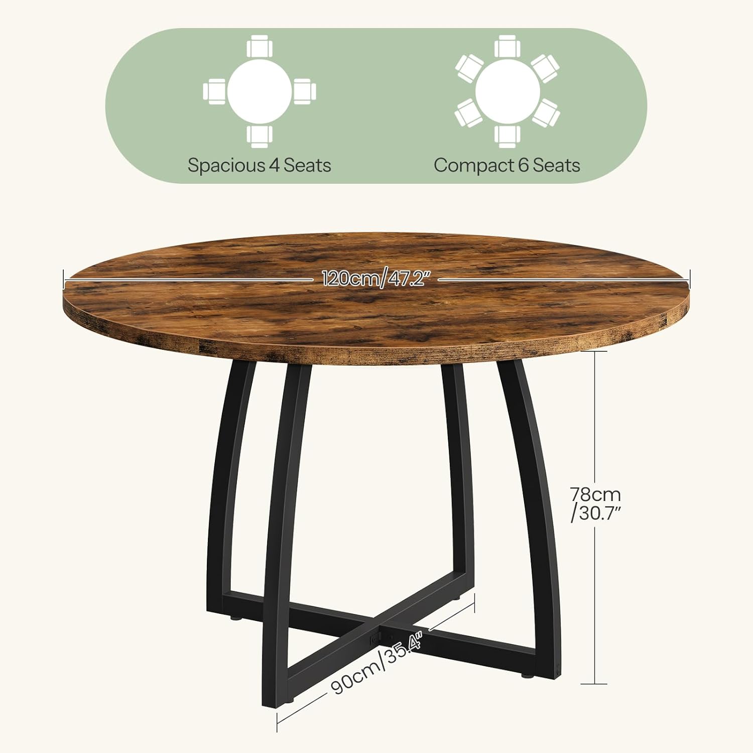 CHOEZON 47.2-Inch Round Dining Table for 4, Kitchen Dining Room Circle Dinner Pedestal Table, Farmhouse Kitchen Table with Retro Brown Tabletop, Curved Black Metal Legs, Easy Assembly TCZ13BFC1