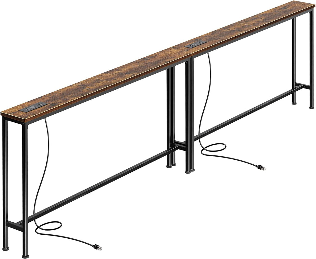 SUPERJARE 102.4 inch Narrow Behind Couch Table with Charging Stations | Power Outlet with USB-C Ports, Extra Storage Behind Sofa,Sofa Table Console Table for Entryway Living room, Rustic Brown