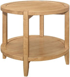 Pemberly Row Round Solid Wood End Table, 23.5 in Wide, Maple Brown Finish, Asian Hardwood Construction, Lower Shelf, Modern Farmhouse Style for Living Room or Bedroom Decor