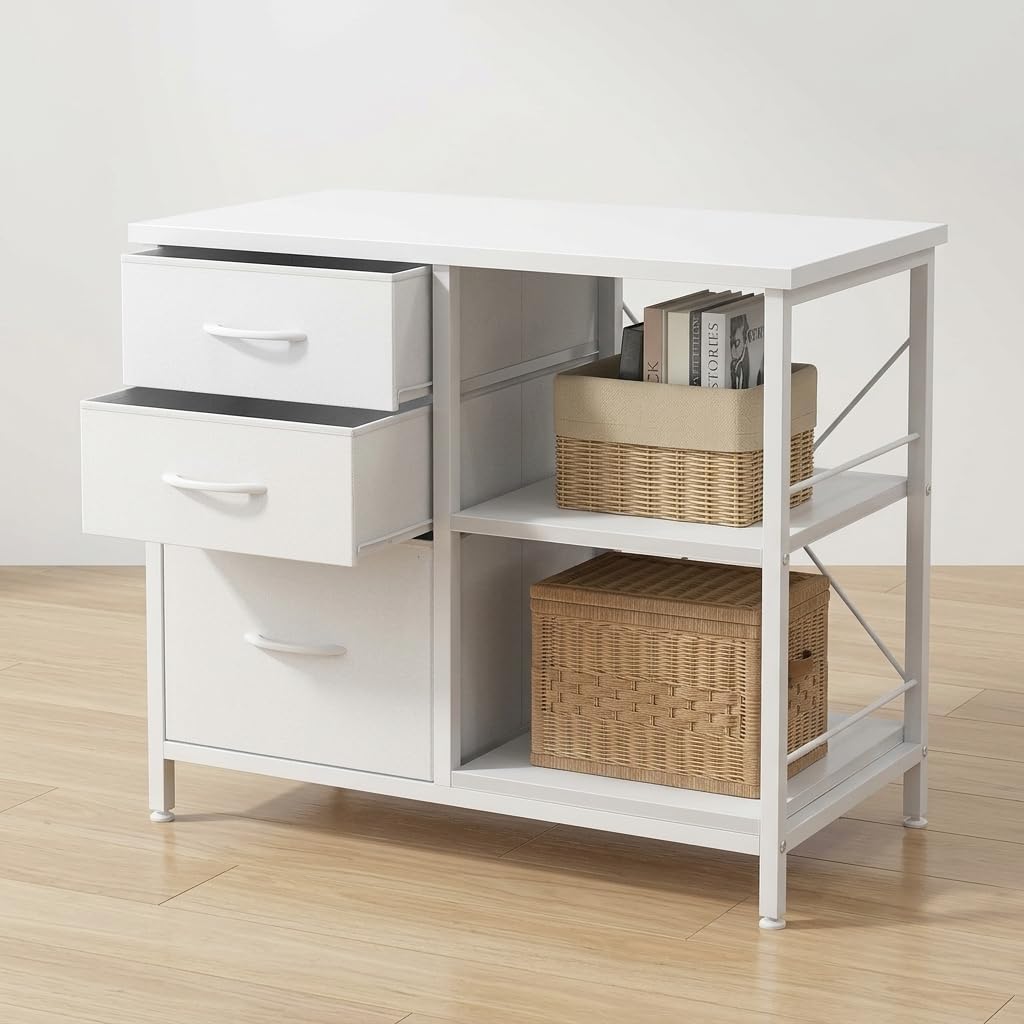 3 Drawer Mobile Filing Cabinet, Industrial White Office Storage Cabinet with Open Shelf, Under Desk Printer Stand with Casters for Home Office, Letter & Legal Size Files