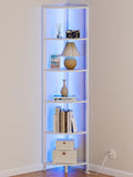 Furnulem 6 Tier Corner Shelf with LED Light, 67.5" White Narrow Bookshelf | Tall Standing Shelf Organizer, Storage Rack for Wall Corner, Living Room, Bedroom, Metal Frame, Wood Display Shelf