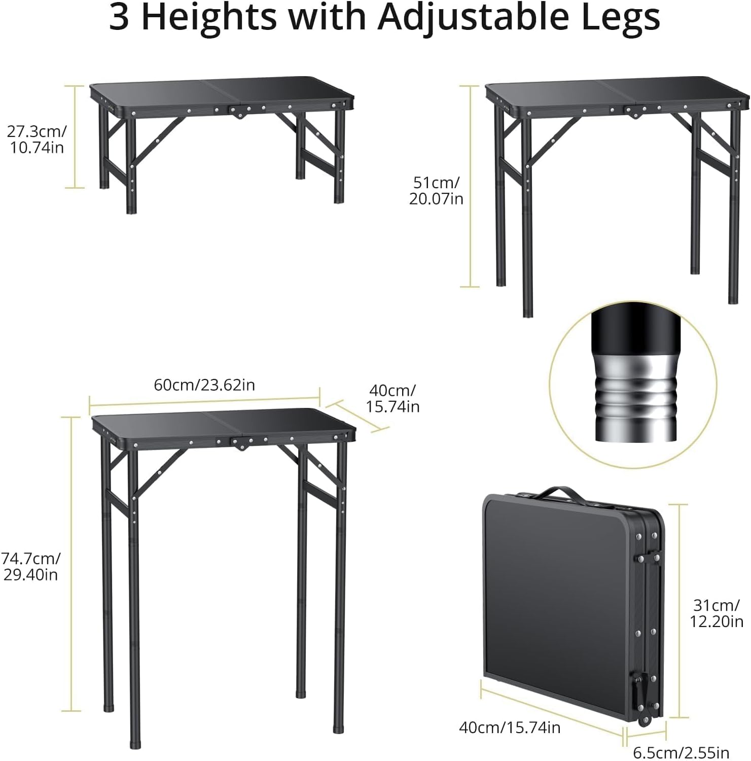 Anbte 2ft Folding Camping Table, 3 Adjustable Height Max 29.5", 23" x 16" | Aluminum Small Folding Table with Storage Net &Portable Handle, Lightweight,for Travel Outdoor Beach Picnic Camping, Black
