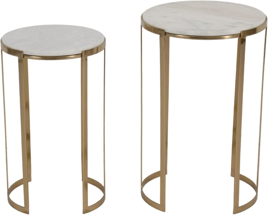 Elegant End Table, Side Table, or Night Stand for Room Decor - Round Metal Accent Table with Marble Top for Small Spaces - Perfect for Home, Bedroom, or Living Room Set of 2 - 22", 20" White & Gold