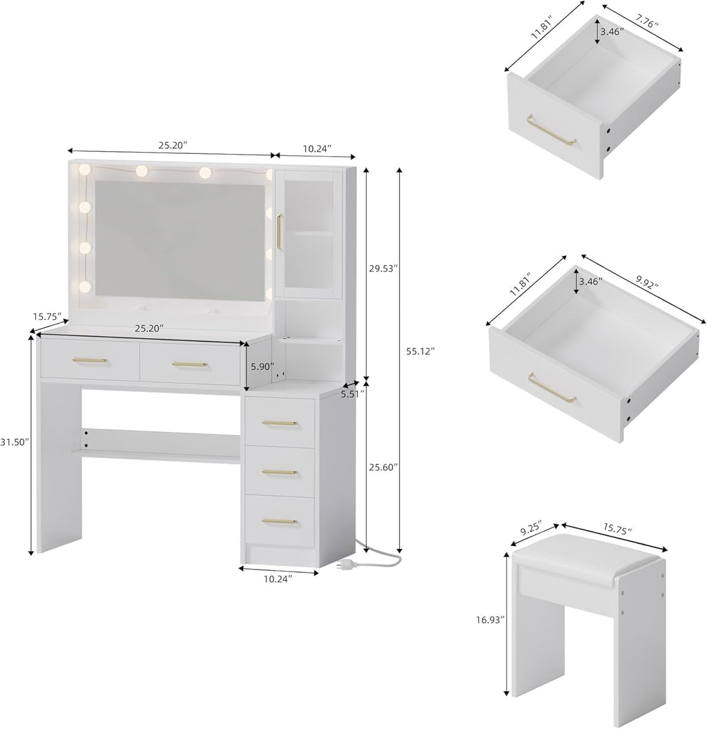 TOKSOM Makeup Vanity with Lights & Charging Station, White Vanity Table with 5 Drawers & Open Storage Shelves, Bedroom Makeup Dressing Table Set for Women Girls