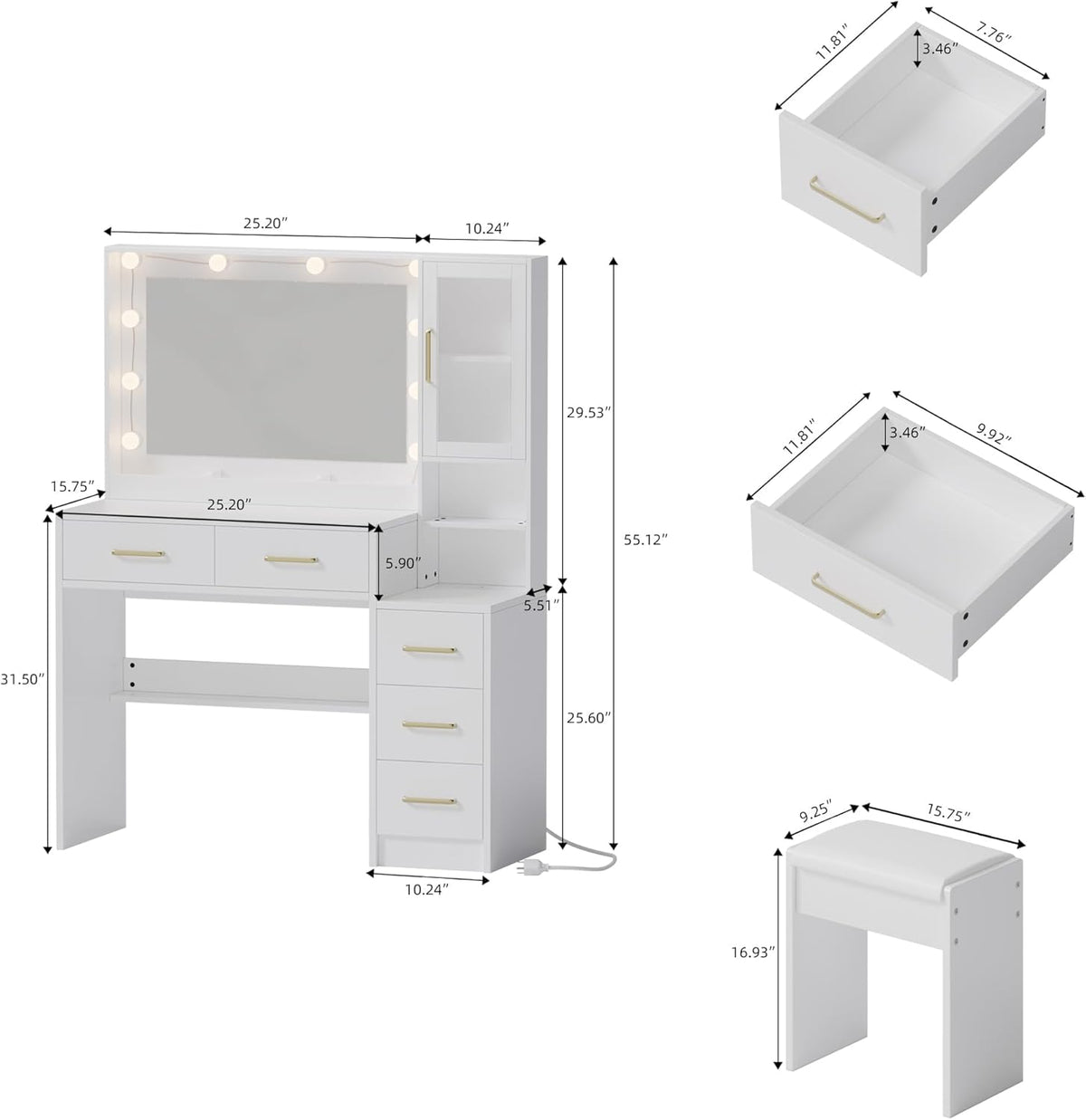 TOKSOM Makeup Vanity with Lights & Charging Station, White Vanity Table with 5 Drawers & Open Storage Shelves, Bedroom Makeup Dressing Table Set for Women Girls