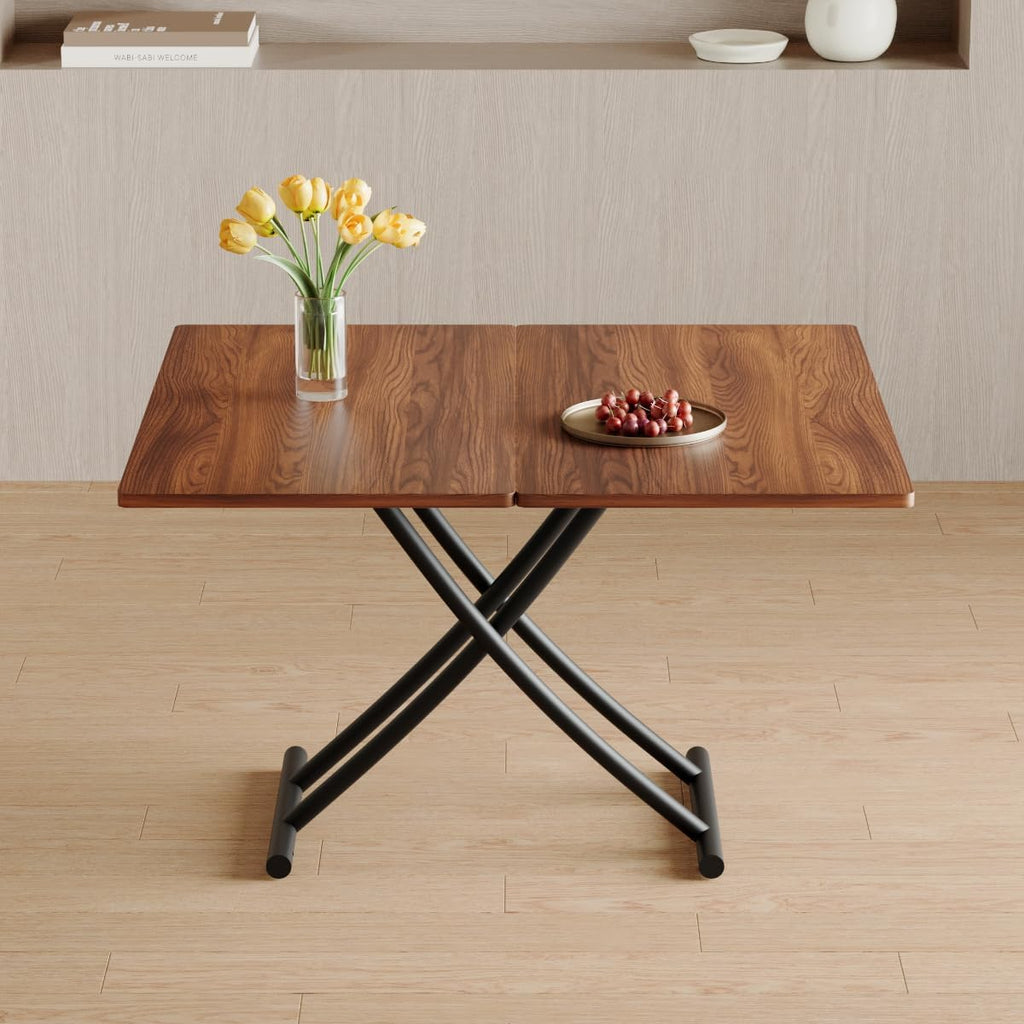 Liftable Folding Dining Table for 4, Adjustable Drop Leaf Table, Multi Functional Coffee Table for Small Spaces, Scratch-Resistant Wood Top with Metal Frame for Apartment Kitchen Living Room