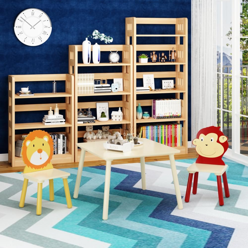 Kids Table and 2 Chairs Set, 3 Pieces Toddler Table and Chair Set, Wooden Activity Play Table Set (Lion&Monkey) (Yellow + Red)