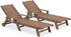 SERWALL HDPE Outdoor Lounge Chair Set of 2 with Cup Holder, Brown | with 5 Position Adjustable Backrest & Rolling Wheels