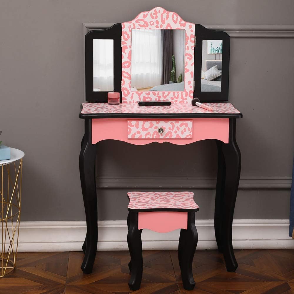 Vasitelan Vanity Table and Chair Set, Vanity Set with Mirror and Stool, Makeup Dressing Princess Table with Drawer, Vanity Set with Mirror (D Style)