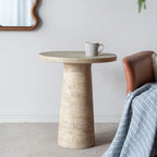 Faux Stone Side Table Round End Table Patio Small Drink Table for Small Spaces, Rustic Circle Pedestal End Tables Farmhouse Nightstand for Living Room Bedroom Corners Office Outdoor (Cream)