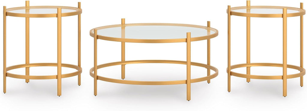 GTU Furniture Casual Glass Square 3-Piece Coffee Table Set, Cocktail Table with 2 Matching End Tables, Gold Finish for Living Room