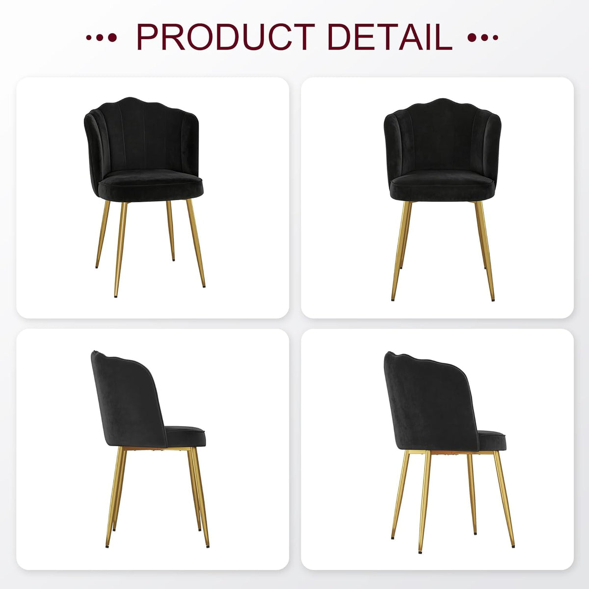 VECELO Velvet Dining Chairs Set of 2, Modern Upholstered Kitchen Chairs with Thick Cushions, Curved Padded Backrest and Metal Legs, for Kitchen, Dining Room, Living Room, Black