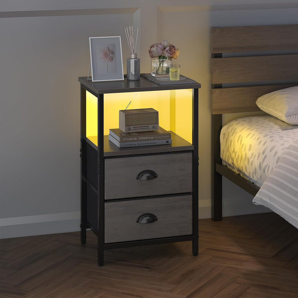 sthmec Nightstand with Charging Station, LED Night Stand Set of 2, Bedside Table End Table with Drawer, Bedroom Tables with 2 Fabric Drawers, 3-Tier Storage Side Table for Bedroom,Grey