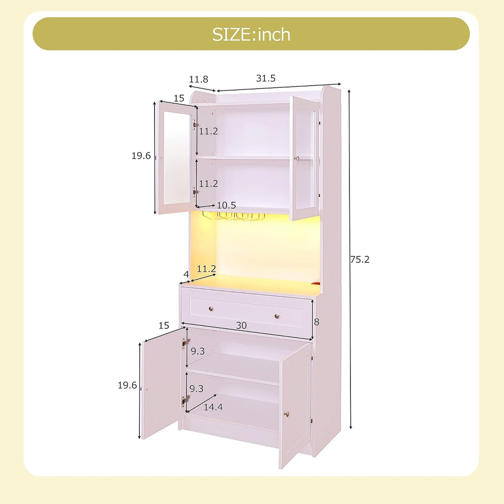 Kitchen Pantry Storage Cabinet 75.2” Tall, Modern Microwave Stand with Charging Station and LED Lights, Wood Buffet Sideboard with 1 Drawer Glass Doors Adjustable Shelves for Dining Room