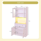 Kitchen Pantry Storage Cabinet 75.2” Tall, Modern Microwave Stand with Charging Station and LED Lights, Wood Buffet Sideboard with 1 Drawer Glass Doors Adjustable Shelves for Dining Room
