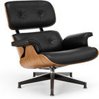 Top Black PU Leather, Mid Century Chaise Lounge Chair and Ottoman, Modern Chair Classic Design, Walnut Wood, Heavy Duty Base Support for Living Room Office