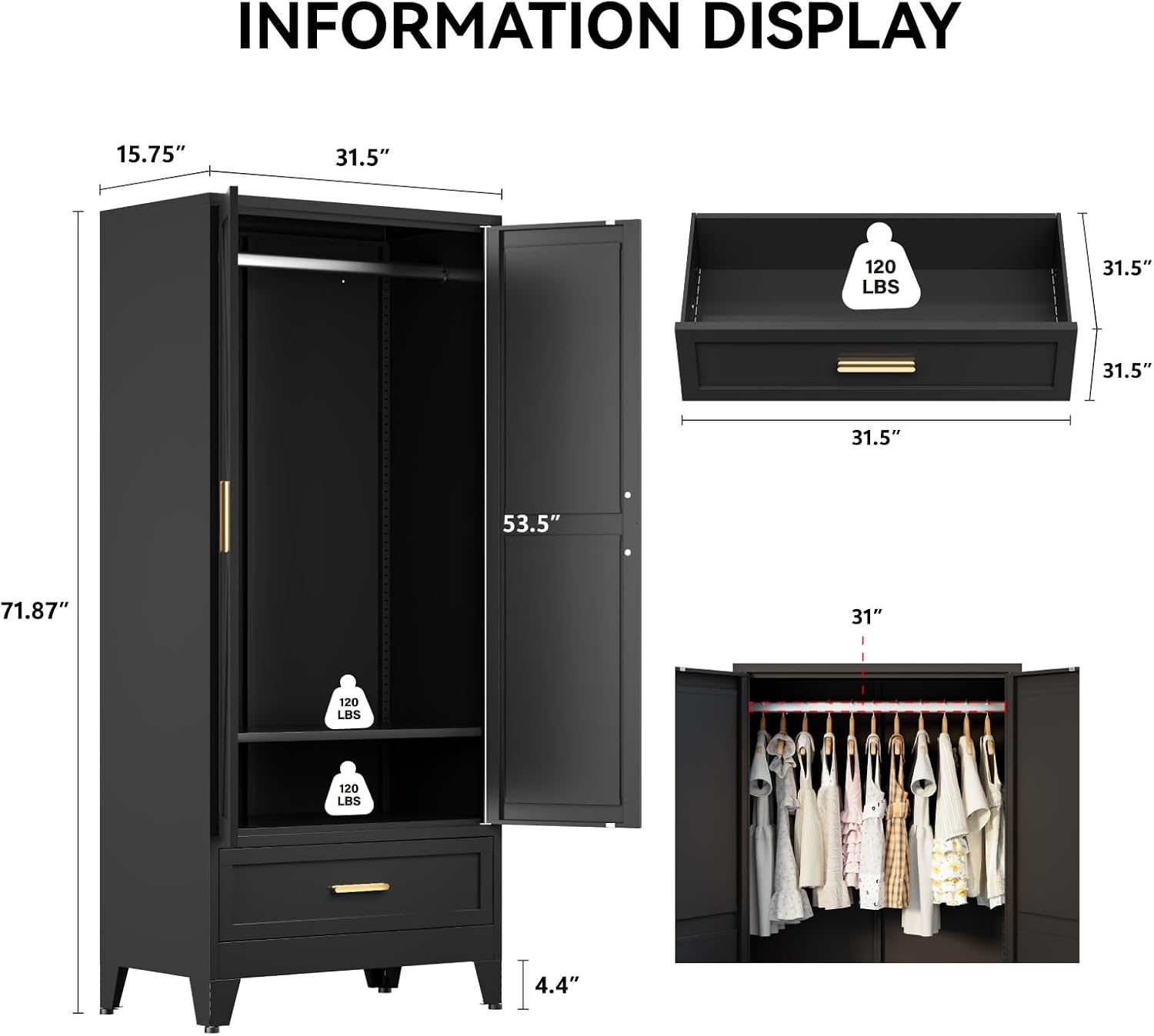 COFaR 71 Farmhouse Metal Wardrobe Closet with Hanging Rod, 2 Barn Doors, Adjustable Shelves, Steel Armoire with Drawer for Home, Bedroom Black