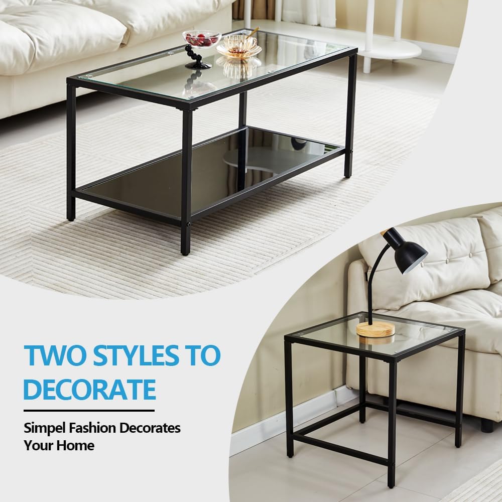 Coffee Table Nesting Set of 2, Center Coffee Table Set with Tempered Glass, Modern Side Tables for Living Room, Bedroom, Office and Nightstand, Black