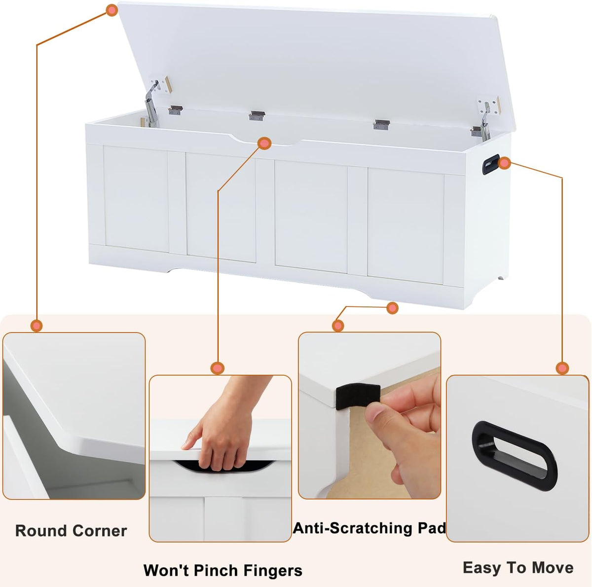 Timberer 47.2" Storage Chest, Extra Large Storage Trunk with 2 Safety Hinges, Wooden Storage Bench, Shoe Bench, Entryway Bench for Living Room, Bedroom, White