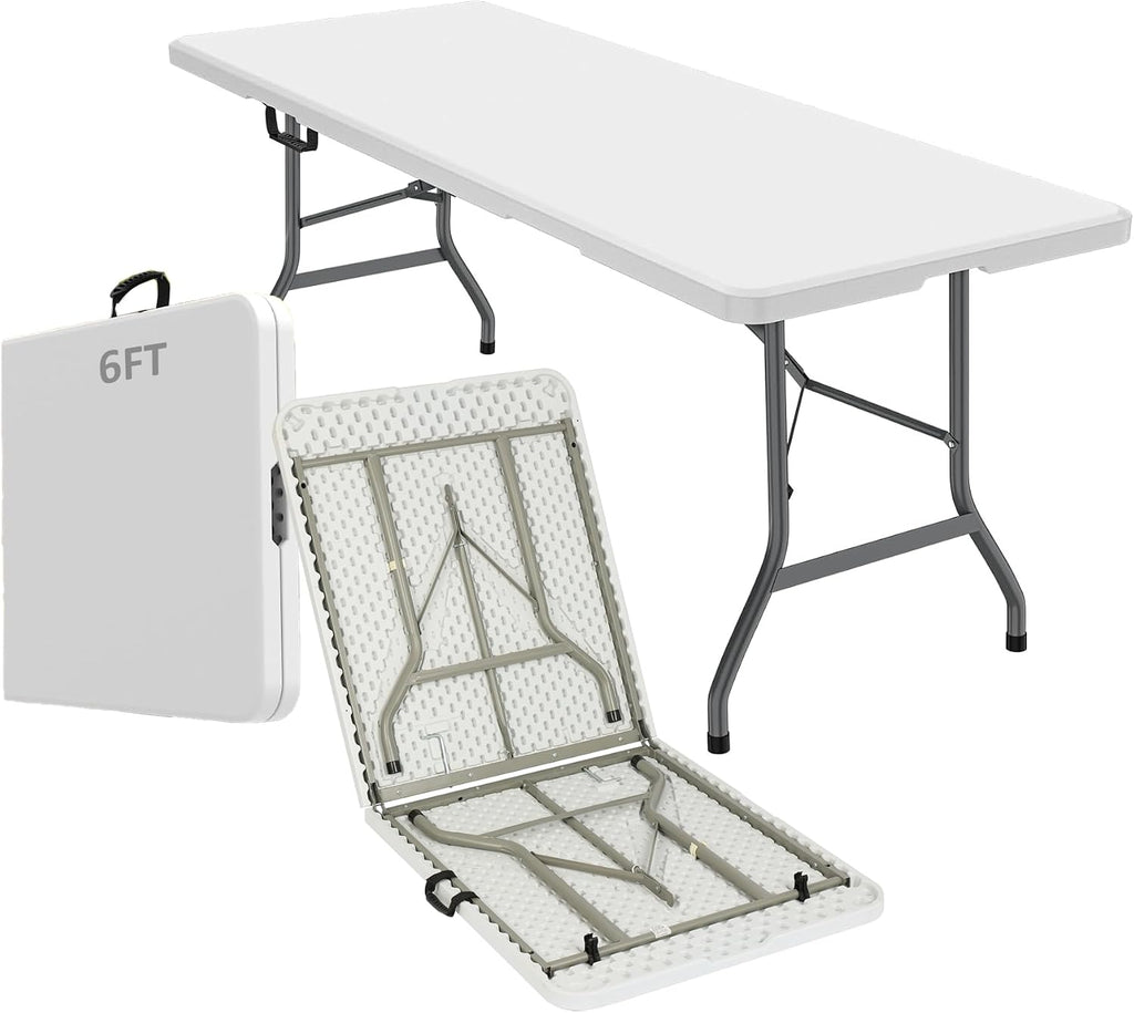 6FT Folding Table,Portable White HDPE Utility Table with Carry Handle | Durable HDPE tabletop.Reinforced steel frame with safety locking legs.Fold in half design with carry handle.Weather resistant