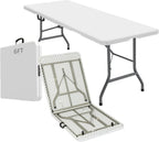 6FT Folding Table,Portable White HDPE Utility Table with Carry Handle | Durable HDPE tabletop.Reinforced steel frame with safety locking legs.Fold in half design with carry handle.Weather resistant