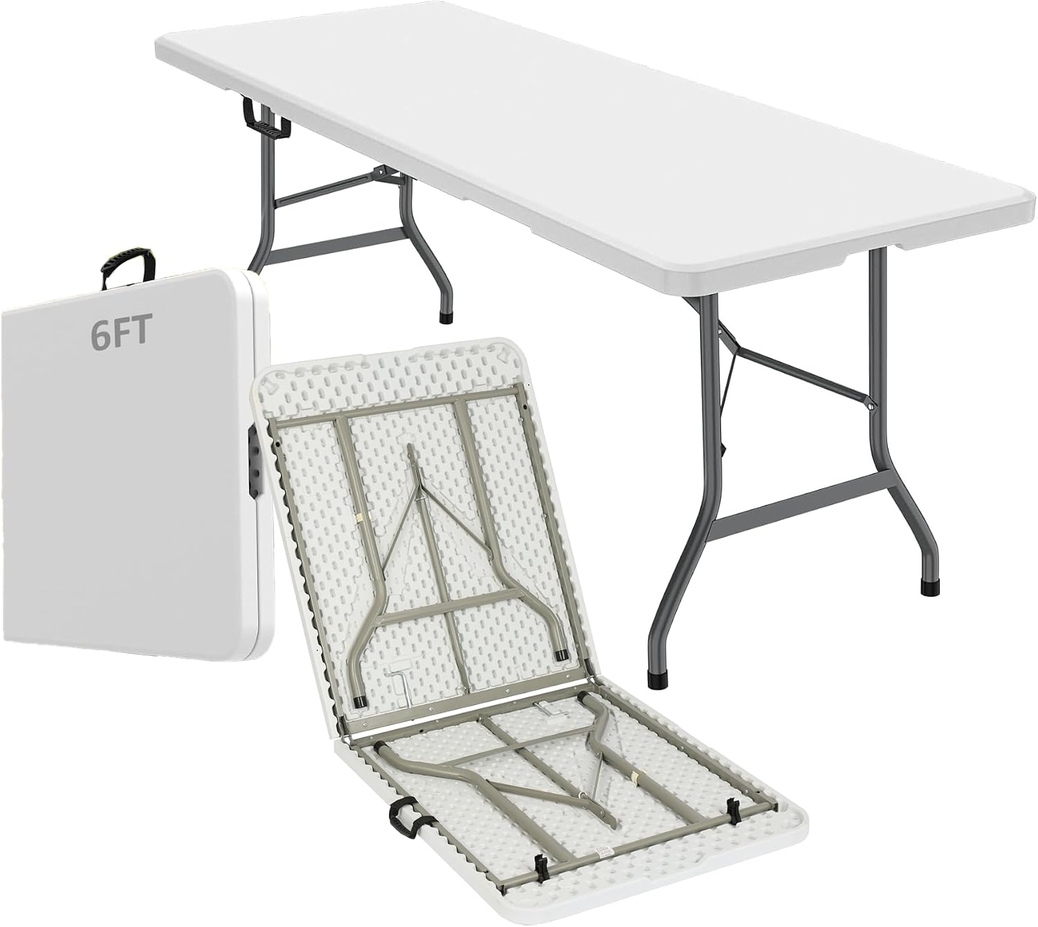 6FT Folding Table,Portable White HDPE Utility Table with Carry Handle | Durable HDPE tabletop.Reinforced steel frame with safety locking legs.Fold in half design with carry handle.Weather resistant