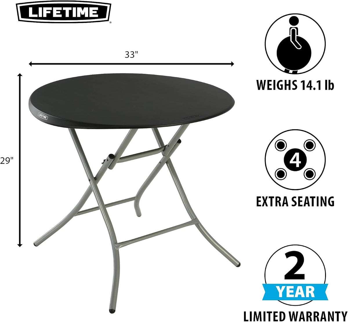 LIFETIME 33-Inch Round Folding Table, Black, Portable Indoor Outdoor Use