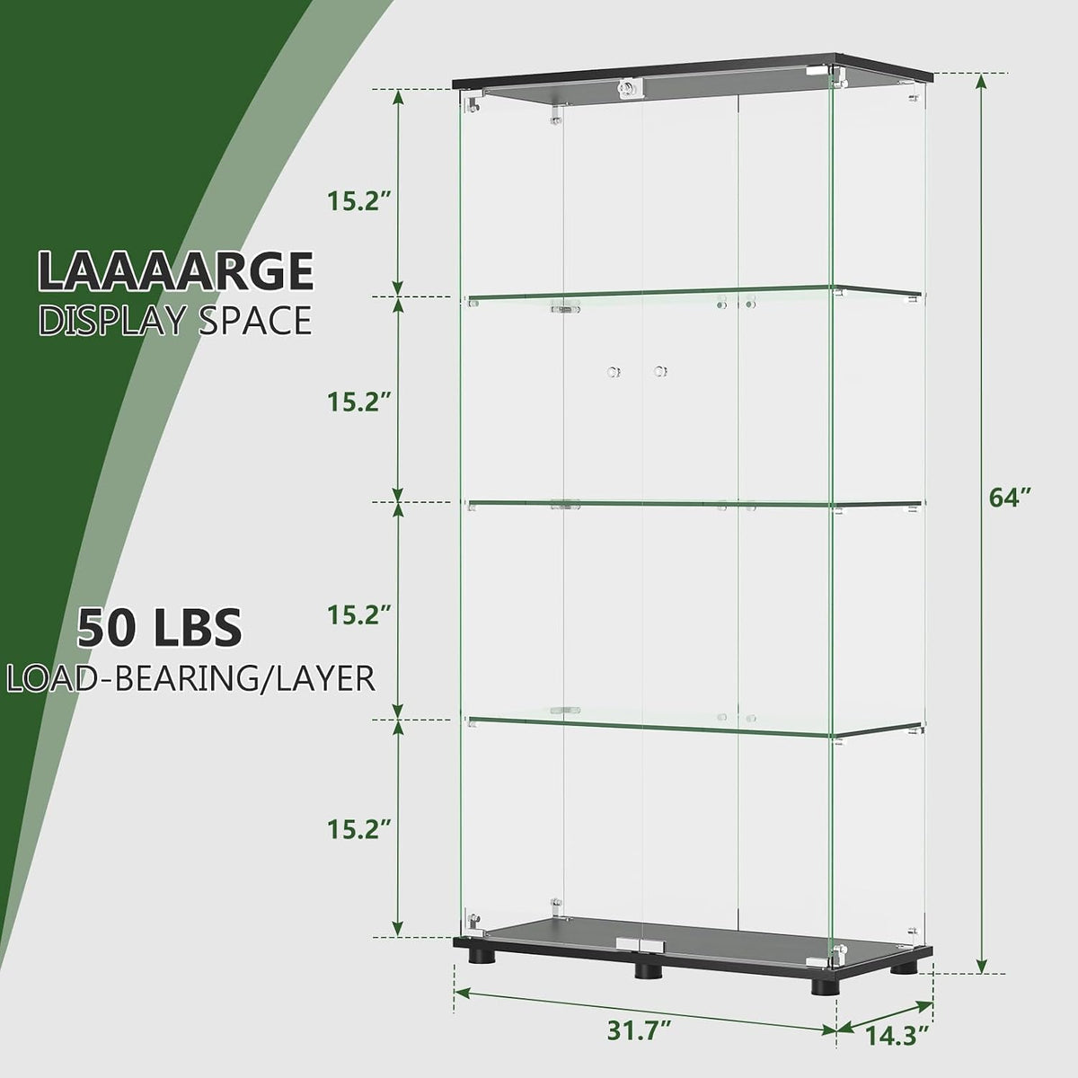 Glass Display Cabinet with 4-Shelf Double Door and Lock, 5mm Tempered Glass