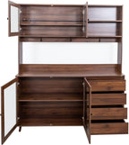 Kitchen Pantry Cabinet with Hutch, 4 Drawers, Glass Doors, Adjustable Shelves, and Open Storage, Freestanding Sideboard for Dining Room or Living Room