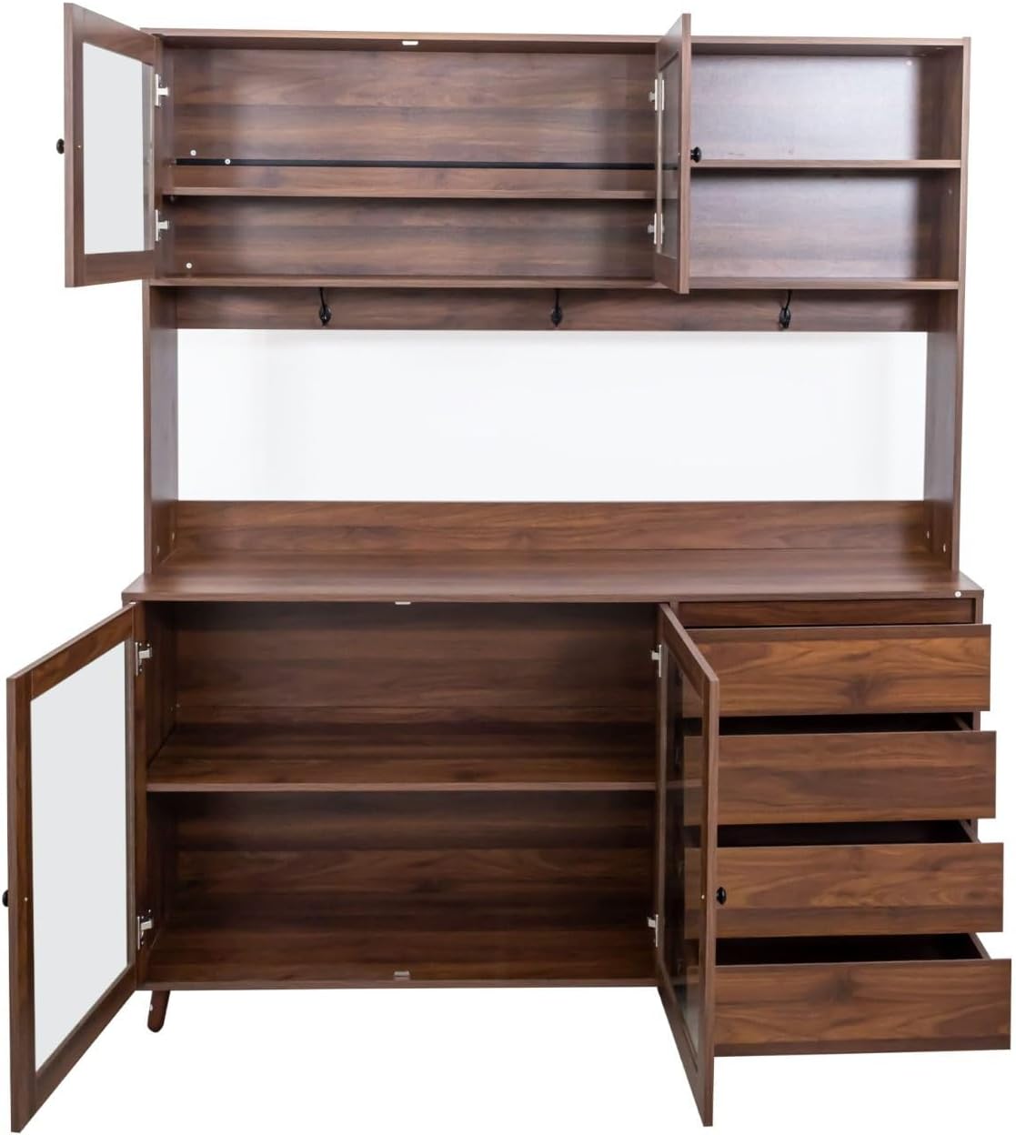 Kitchen Pantry Cabinet with Hutch, 4 Drawers, Glass Doors, Adjustable Shelves, and Open Storage, Freestanding Sideboard for Dining Room or Living Room