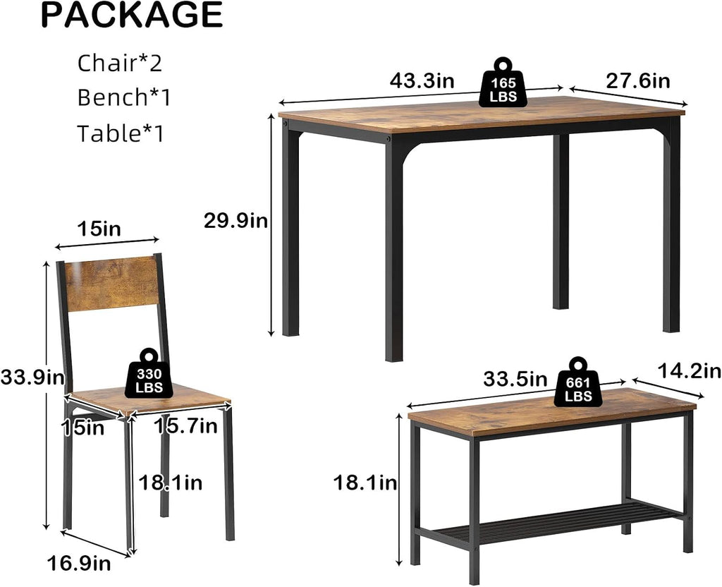 soges Kitchen Nesting Dining Table with 2 Chairs & Bench, Rustic Brown | Modern 43.3 inch Table Set, Black Metal Frame, Space-Saving for Dining Room, Restaurant, Apartment, Easy Assembly
