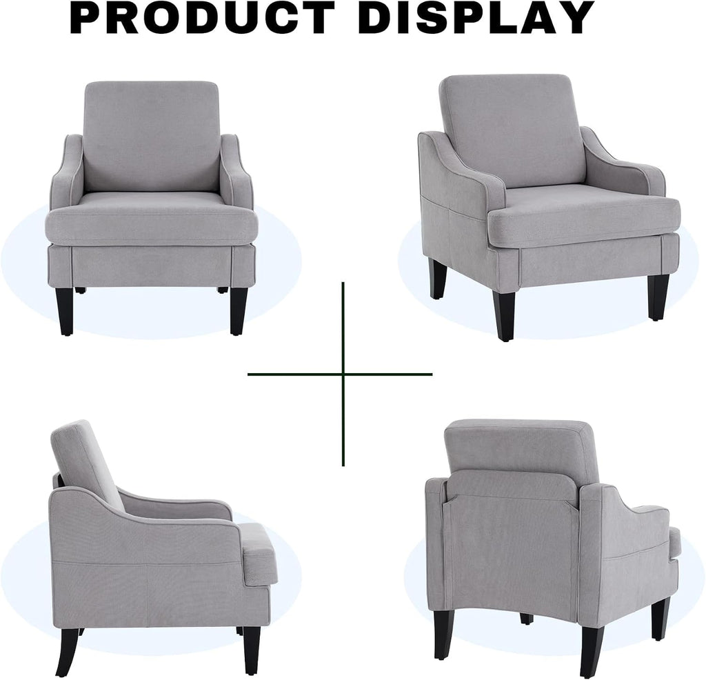 Mid-Century Accent Chair, Comfy Arm Chair Upholstered Living Room Chair for Bedroom, Fabric Reading Chair with Wood Legs for Apartment, Waiting Room, Vanity Room (Gray)
