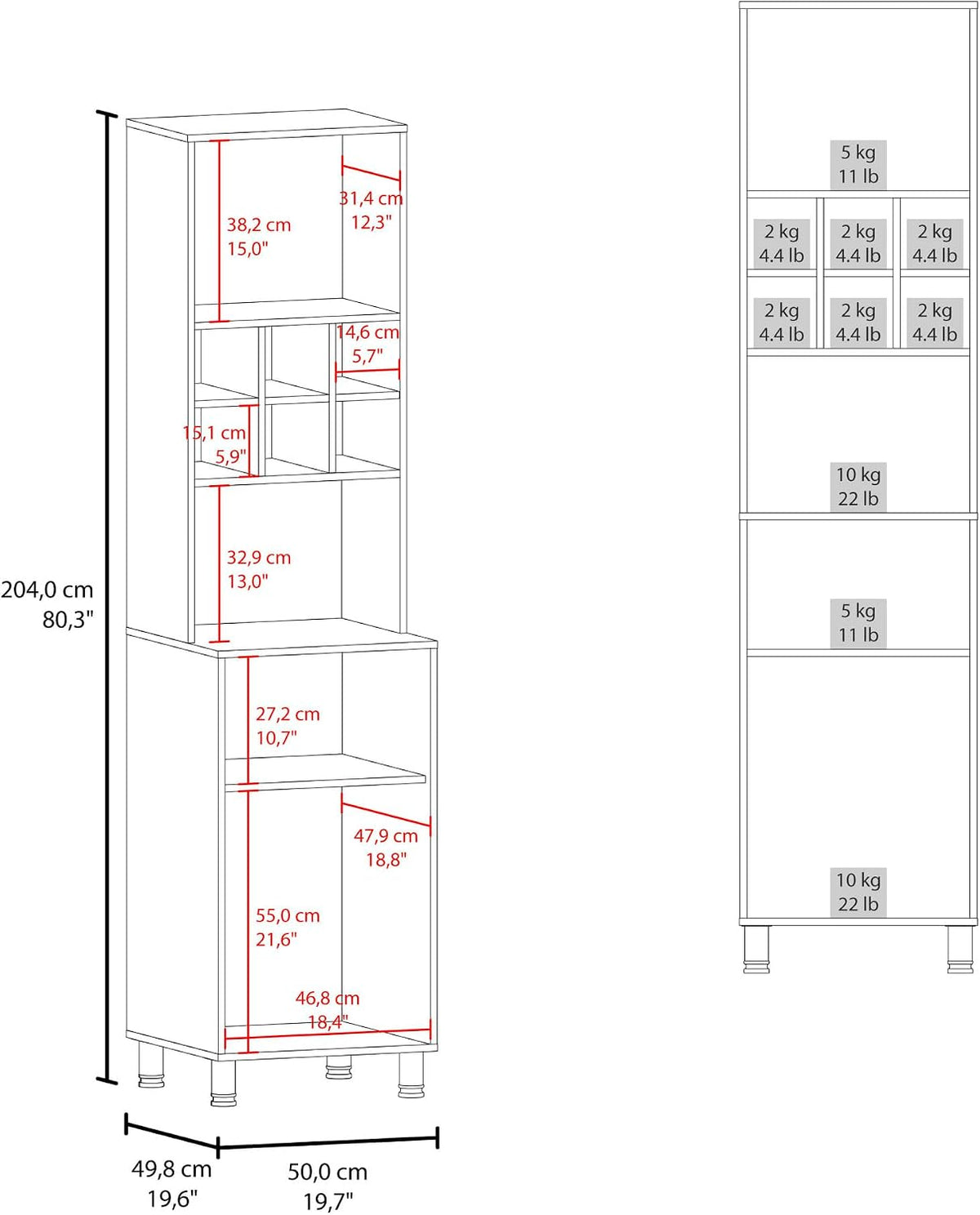 Kitchen Pantry with 2 Doors 4 Legs 8 Shelves White | FSC and CARB compliant engineered wood construction